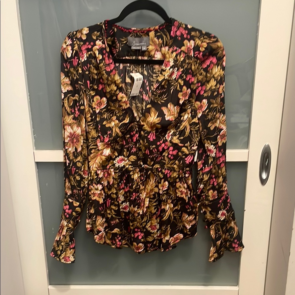 Anthropologie Black and Pink Floral Print Blouse, XS, NWT